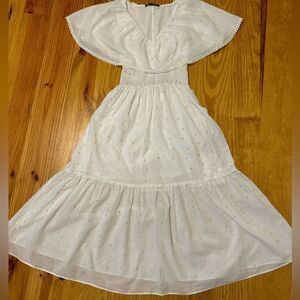 ZARA White Cotton Tiered Gold Metallic Polka Dot Prairie Ruffle Midi Dress | XS